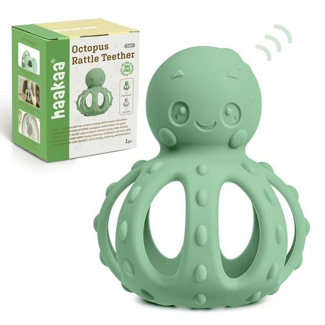 haakaa-2-in-1-octopus-teething-toy-with-rattle-soft-textured-silicone-teether-fo image 1
