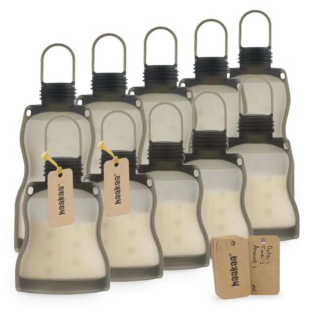 haakaa-reusable-silicone-breastmilk-storage-bag-set-9oz-4-5oz-10-pack-leak-proof image 1