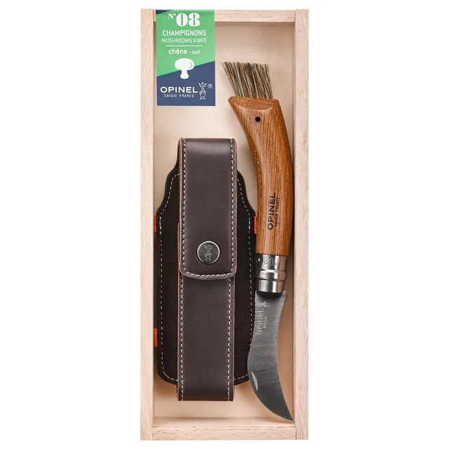 opinel-no-8-mushroom-folding-knife-with-brush-sheath-in-wooden-gift-box-foraging image 1