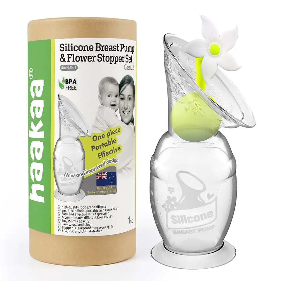haakaa-manual-breast-pump-with-suction-base-and-flower-stopper-5oz-150ml-white image 1