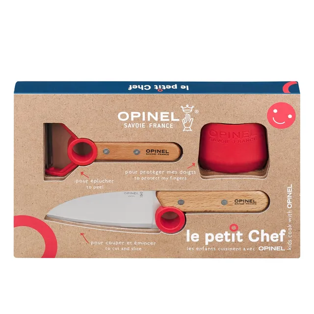 opinel-le-petit-chef-3-piece-kids-kitchen-set-chef-knife-finger-guard-peeler-mad image 1