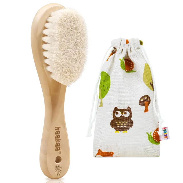 haakaa-wooden-baby-hair-brush-with-soft-wool-bristles-and-carry-pouch image 1