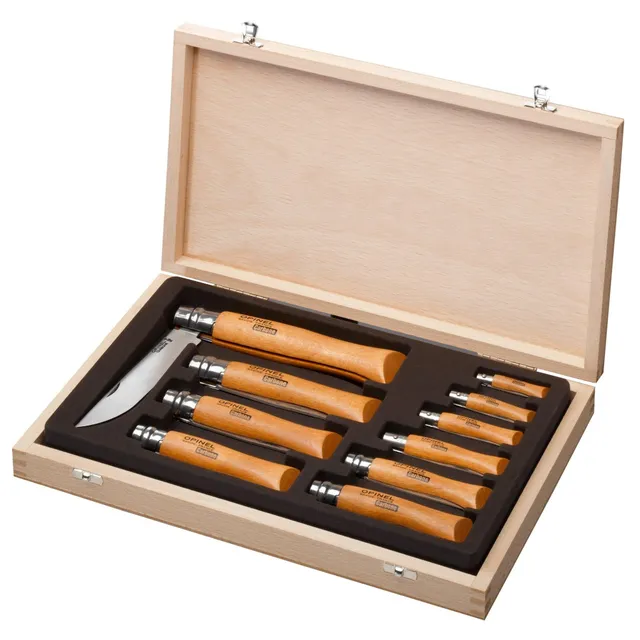 opinel-display-collection-wooden-case-of-10-carbon-steel-knives-no-2-no-12 image 1