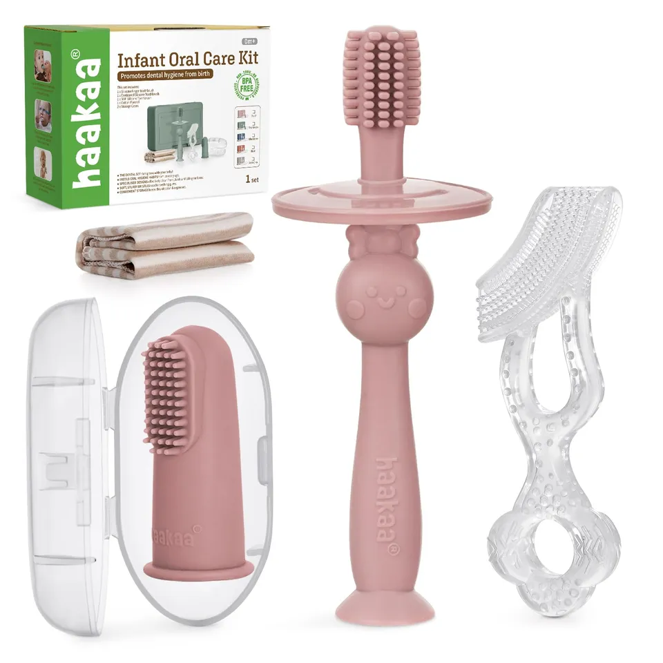 haakaa-training-toothbrush-set-3-stage-silicon-baby-toothbrush-kit-finger-brush- image 1