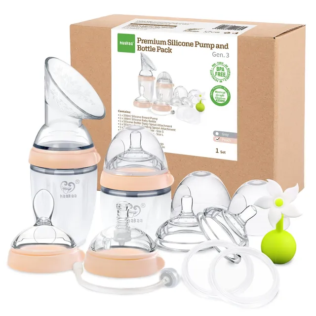haakaa-gen-3-premium-silicone-pump-combo-peach-breast-pump-bottle-sippy-spout-sp image 1