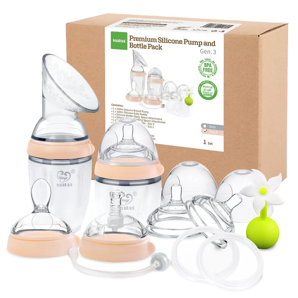 haakaa-gen-3-premium-silicone-pump-combo-peach-breast-pump-bottle-sippy-spout-sp image 1