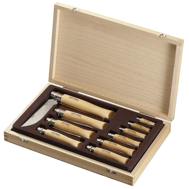 opinel-stainless-steel-folding-knife-box-set-10-knives-no-2-to-no-12-in-wooden-g image 1