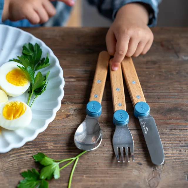 opinel-kids-cutlery-le-petit-gourmet-3-piece-set-knife-fork-spoon-with-beechwood image 1