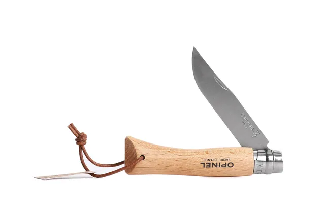 opinel-no-8-trekking-folding-knife-stainless-steel-blade-beechwood-handle-leathe image 1