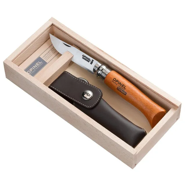 opinel-no-08-carbon-steel-folding-knife-with-beechwood-handle-and-sheath-gift-bo image 1