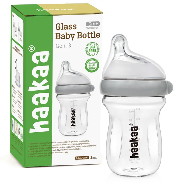 haakaa-gen-3-natural-glass-baby-bottle-6-3-oz-wide-neck-anti-colic-bpa-free-6m image 1