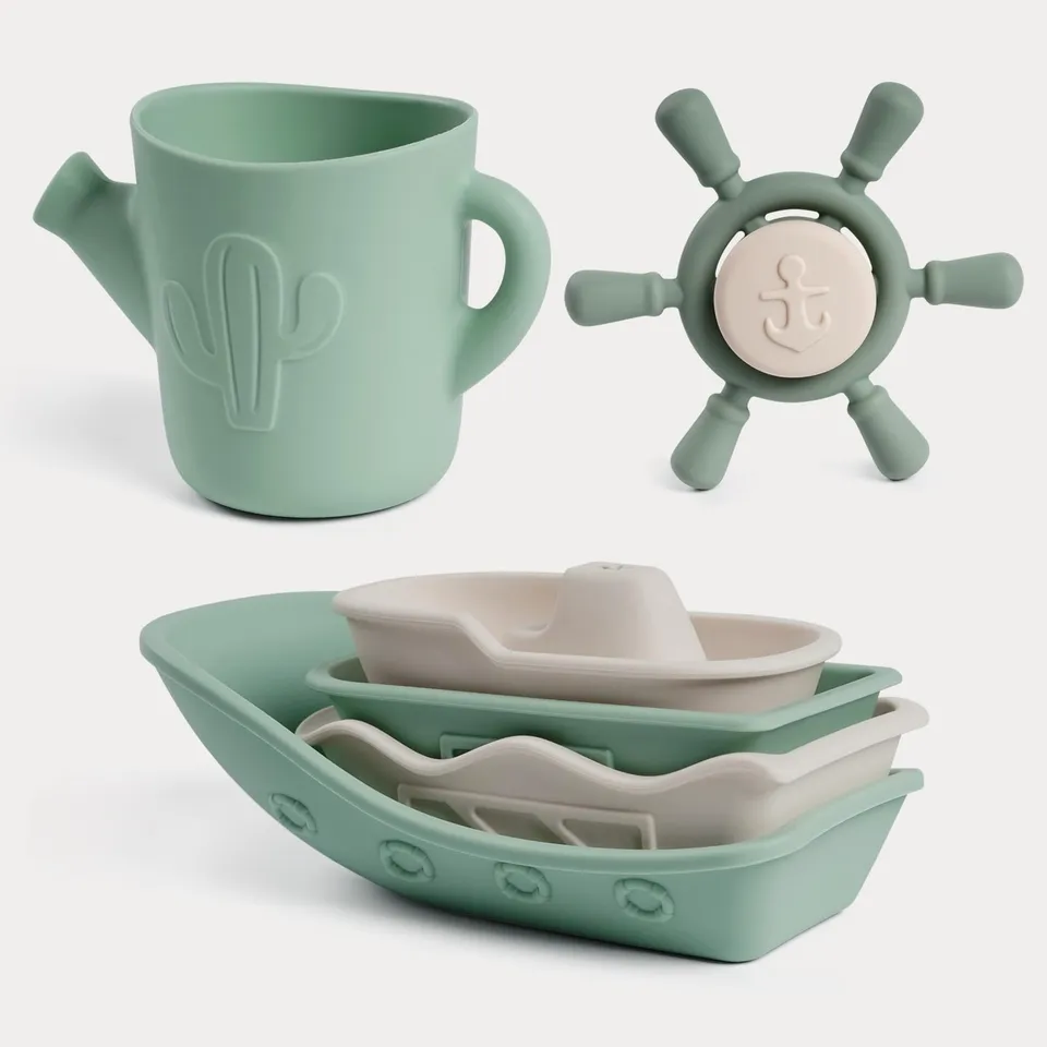 haakaa-nautical-silicone-baby-bath-toys-set-4-stackable-boats-rinse-cup-suction- image 1