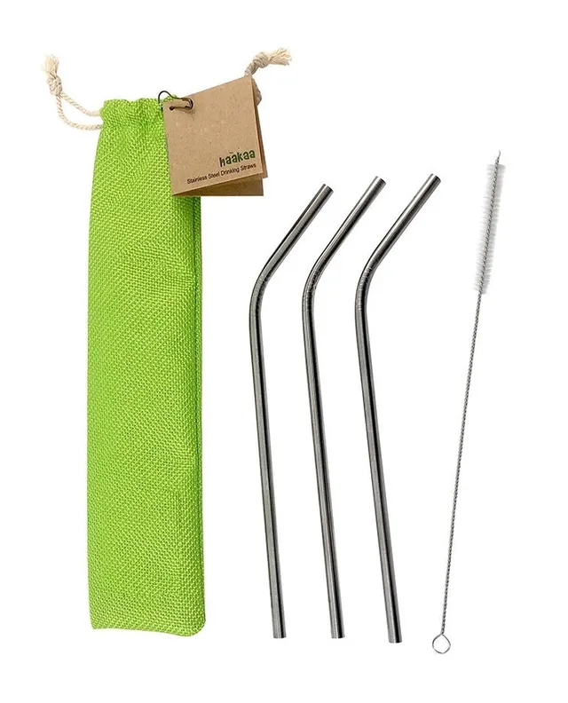 haakaa-curved-stainless-steel-straws-3-pack-with-cleaning-brush-and-linen-bag image 1