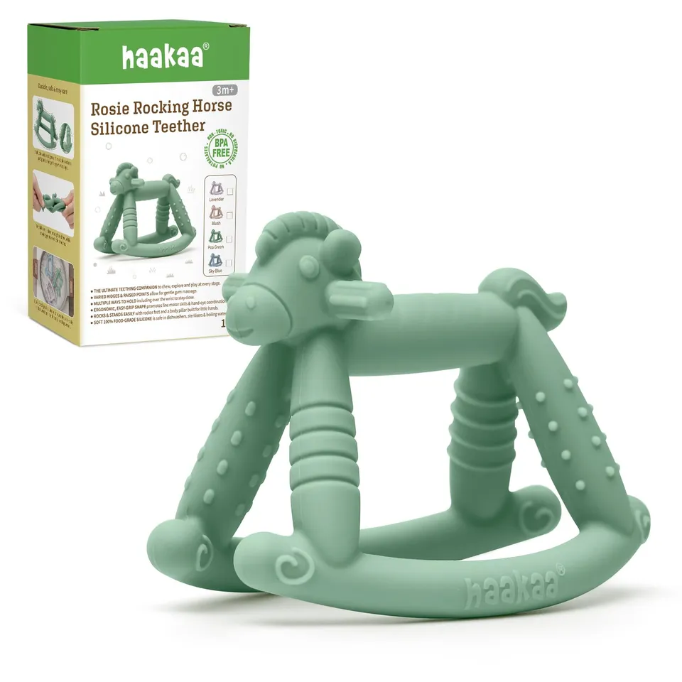 haakaa-rosie-rocking-horse-baby-teether-toy-pea-green-food-grade-silicone image 1
