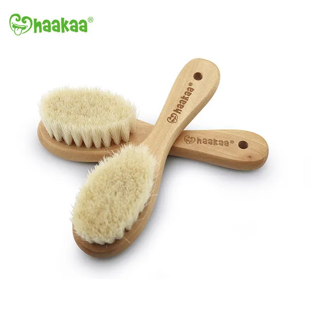 haakaa-goats-wool-wooden-baby-hairbrush-pack-of-2-natural-wood-goat-wool image 1