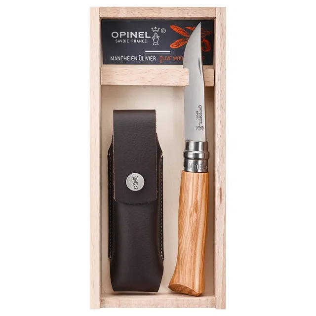 opinel-no-08-olivewood-folding-knife-set-with-leather-sheath-and-wooden-box image 1
