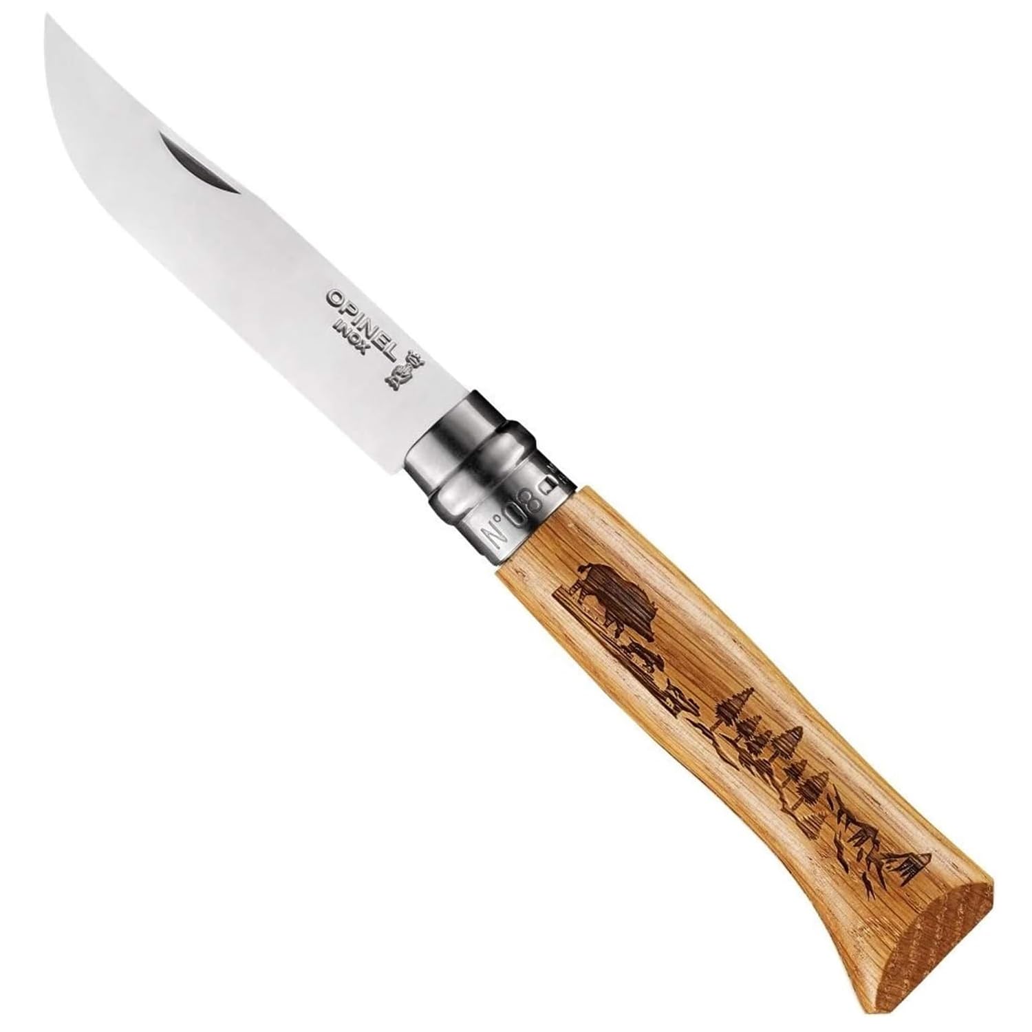 opinel-no-08-stainless-steel-folding-knife-animalia-engraved-oak-handle-made-in- image 6