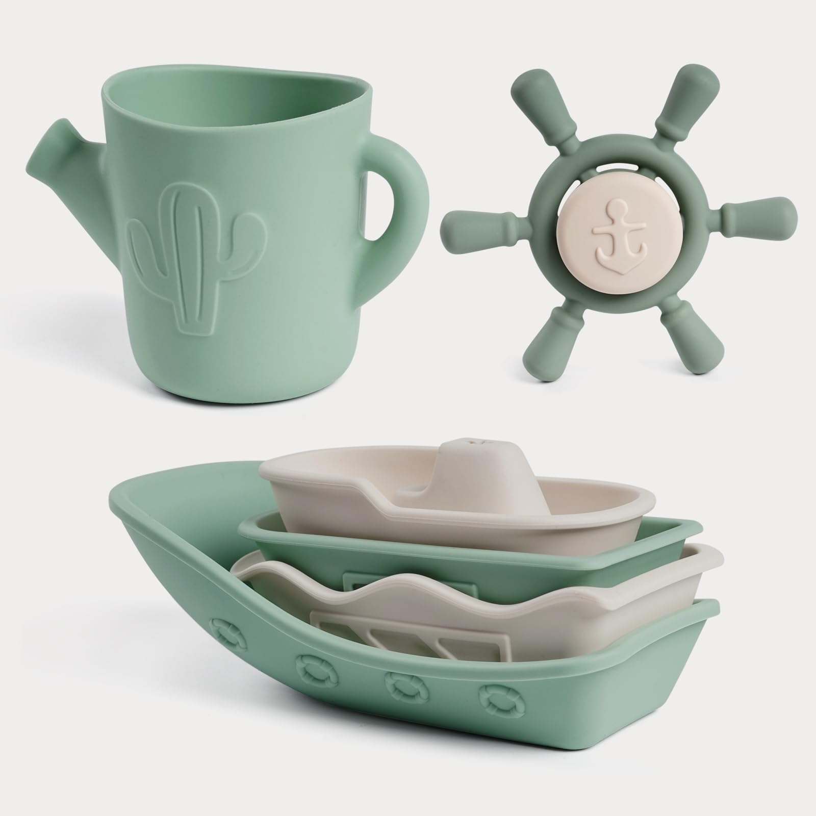 haakaa-nautical-silicone-baby-bath-toys-set-4-stackable-boats-rinse-cup-suction- image 1