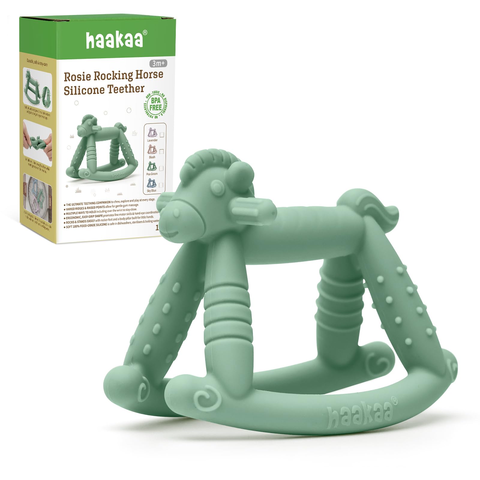 haakaa-rosie-rocking-horse-baby-teether-toy-pea-green-food-grade-silicone image 1