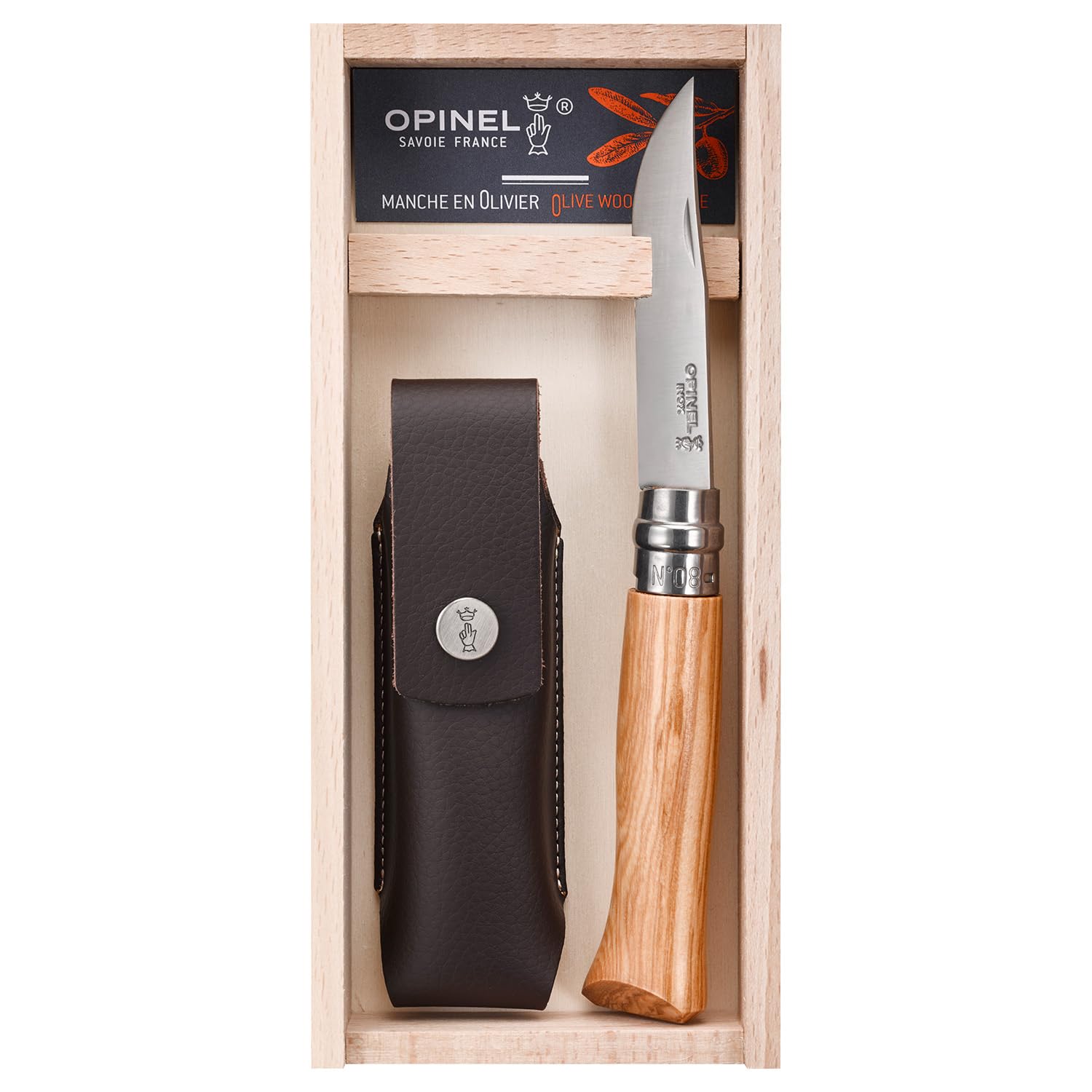 opinel-no-08-olivewood-folding-knife-set-with-leather-sheath-and-wooden-box image 1