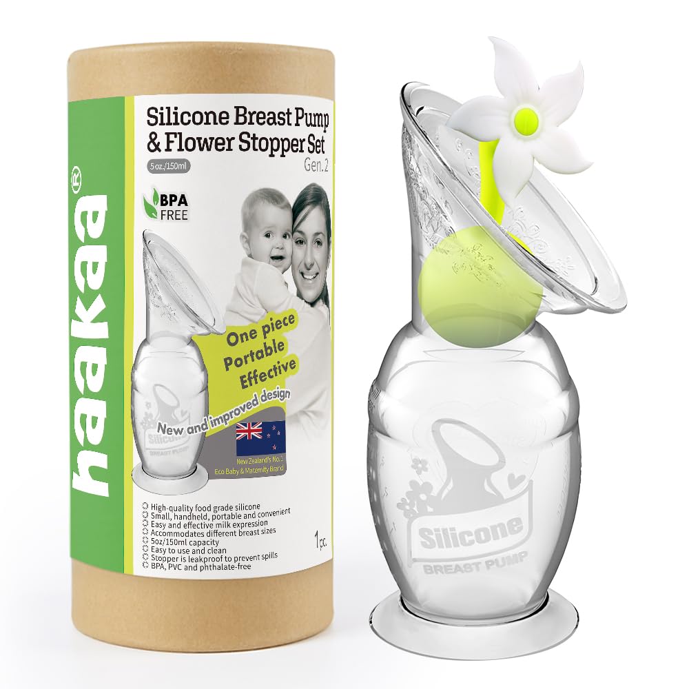 haakaa-manual-breast-pump-with-suction-base-and-flower-stopper-5oz-150ml-white image 1