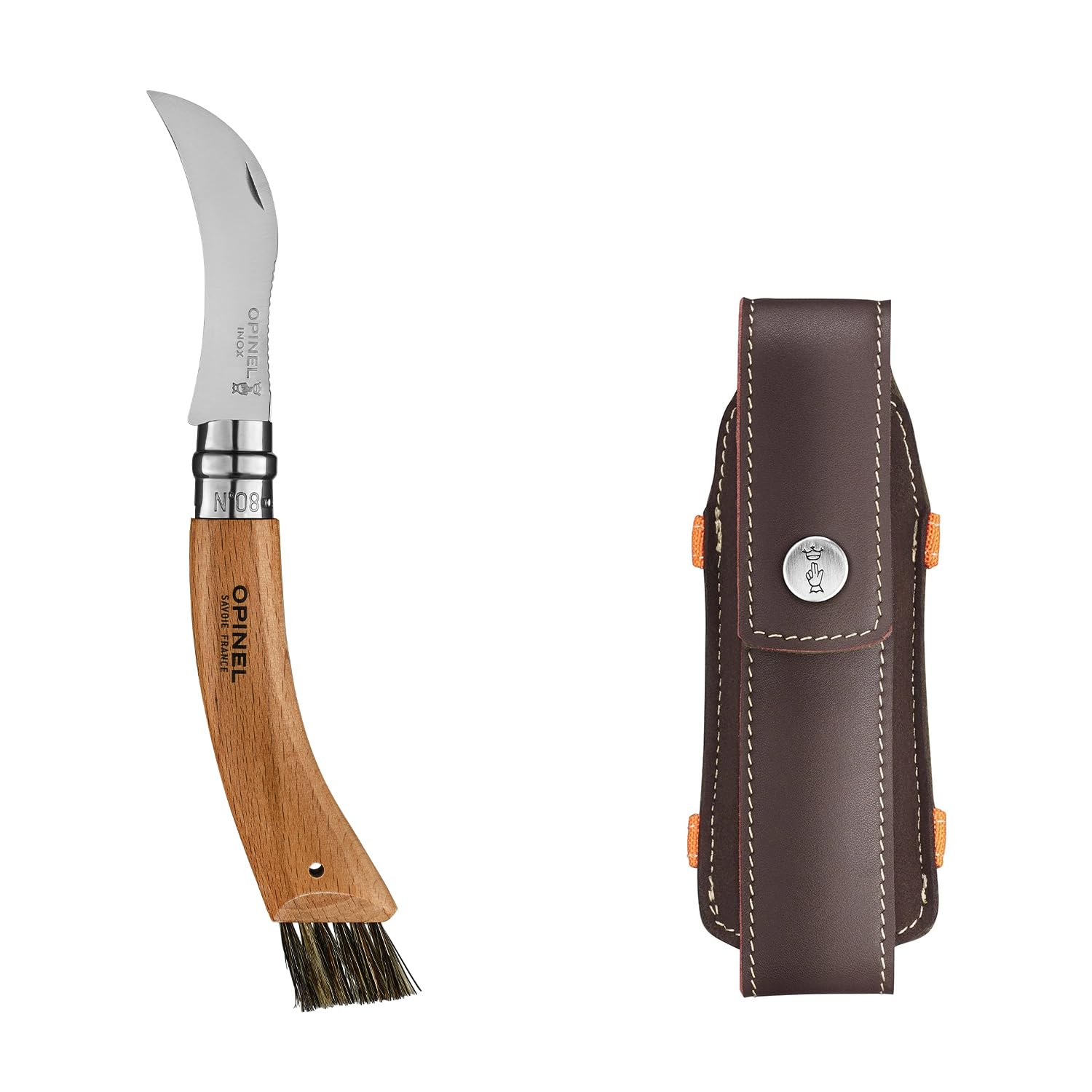 opinel-no-8-mushroom-folding-knife-with-brush-sheath-in-wooden-gift-box-foraging image 2