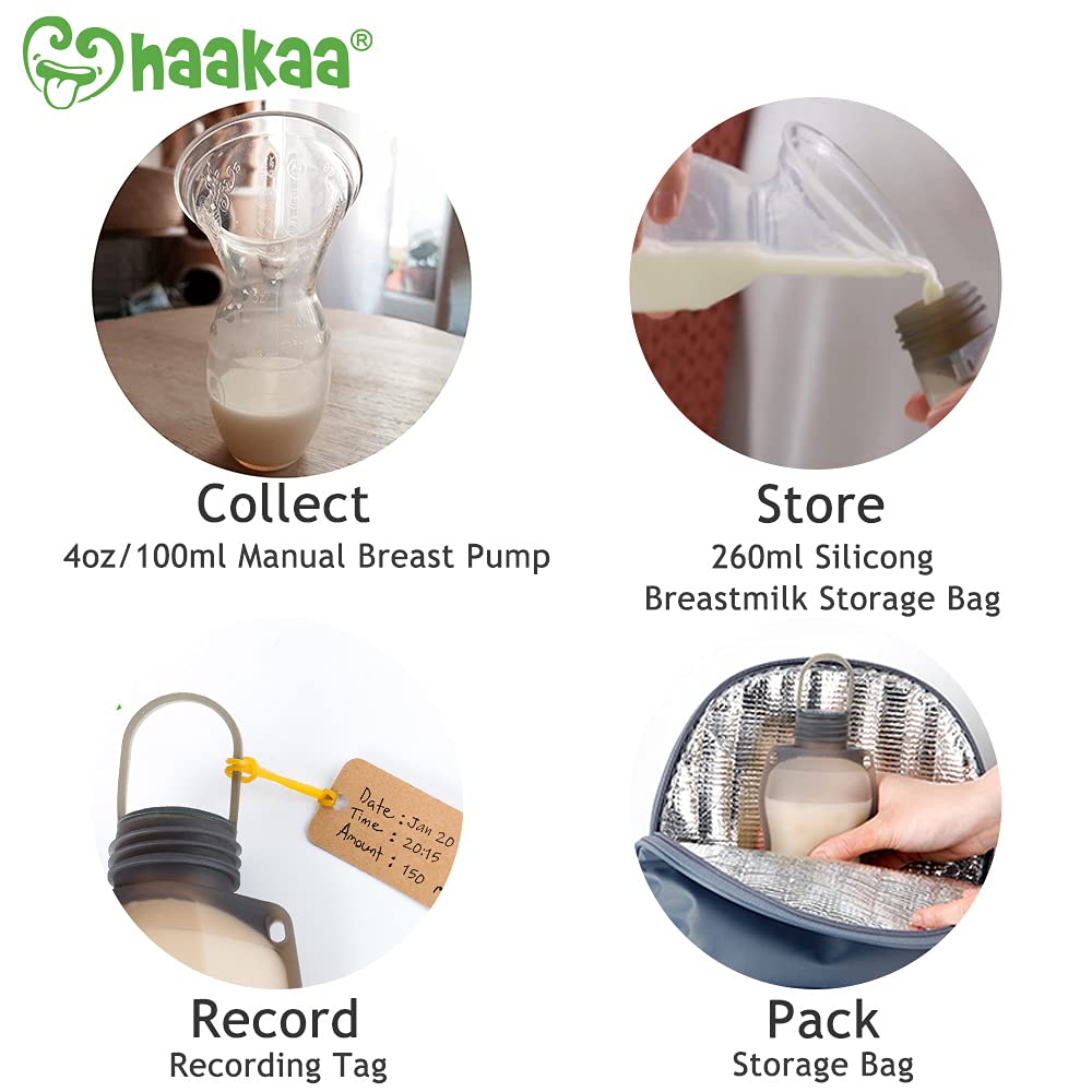 haakaa-manual-breast-pump-4oz-100ml-with-leakproof-lid-breastmilk-storage-bag-gr image 2