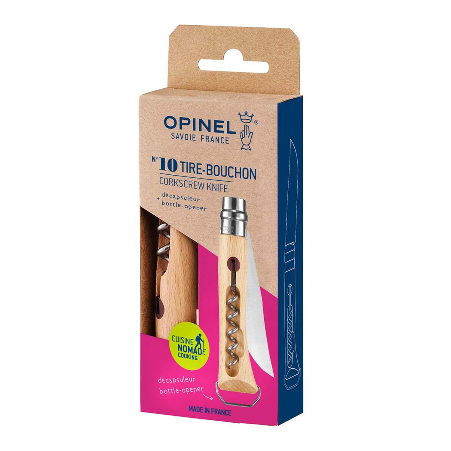 opinel-no-10-stainless-steel-corkscrew-folding-knife-with-beechwood-handle-and-i image 2