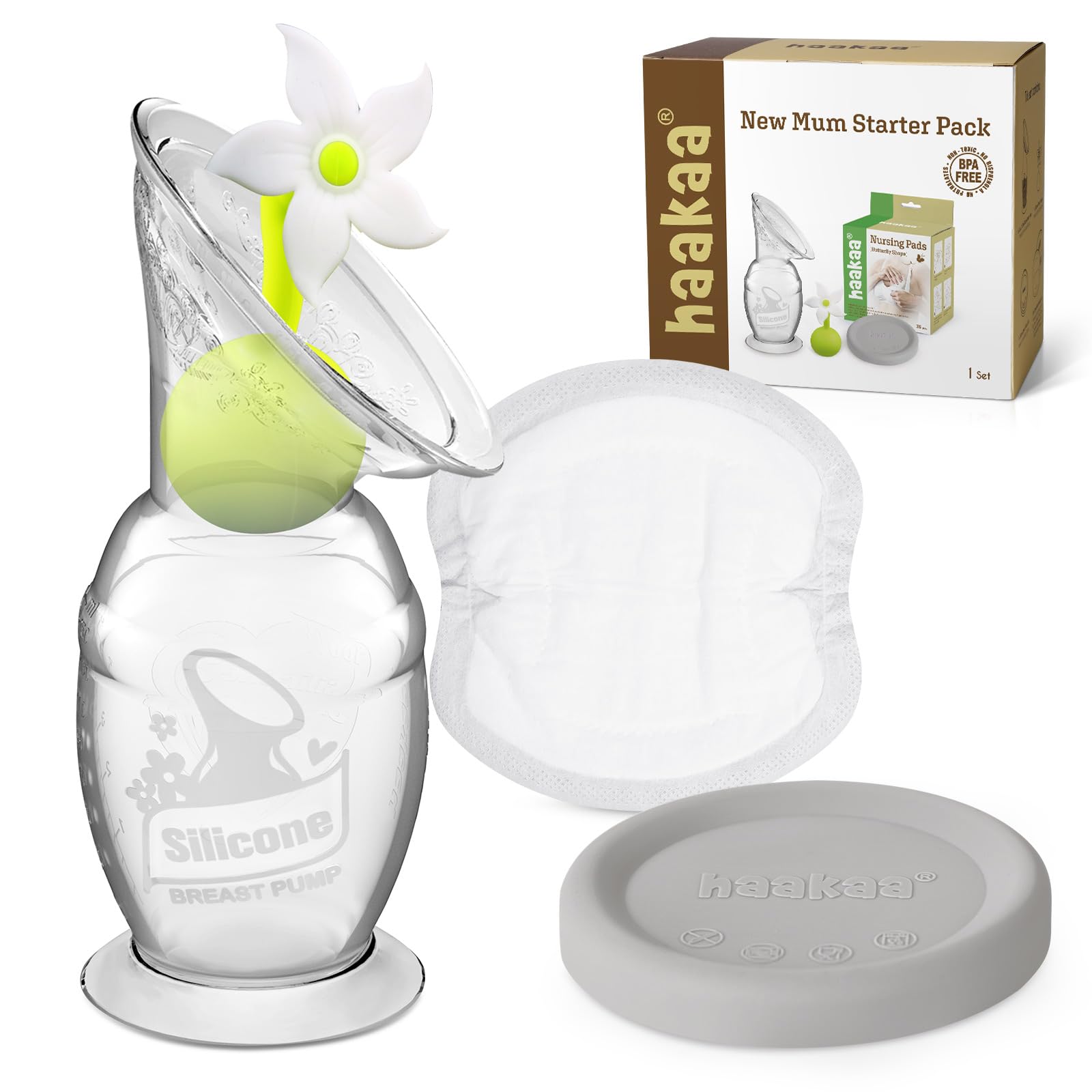 haakaa-new-mum-starter-pack-silicone-manual-breast-pump-5oz-150ml-with-cap-flowe image 1