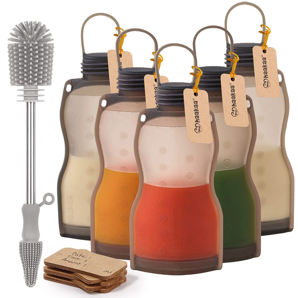haakaa-scrub-n-stash-silicone-breastmilk-storage-bag-set-5-bags-brush-reusable-m image 1