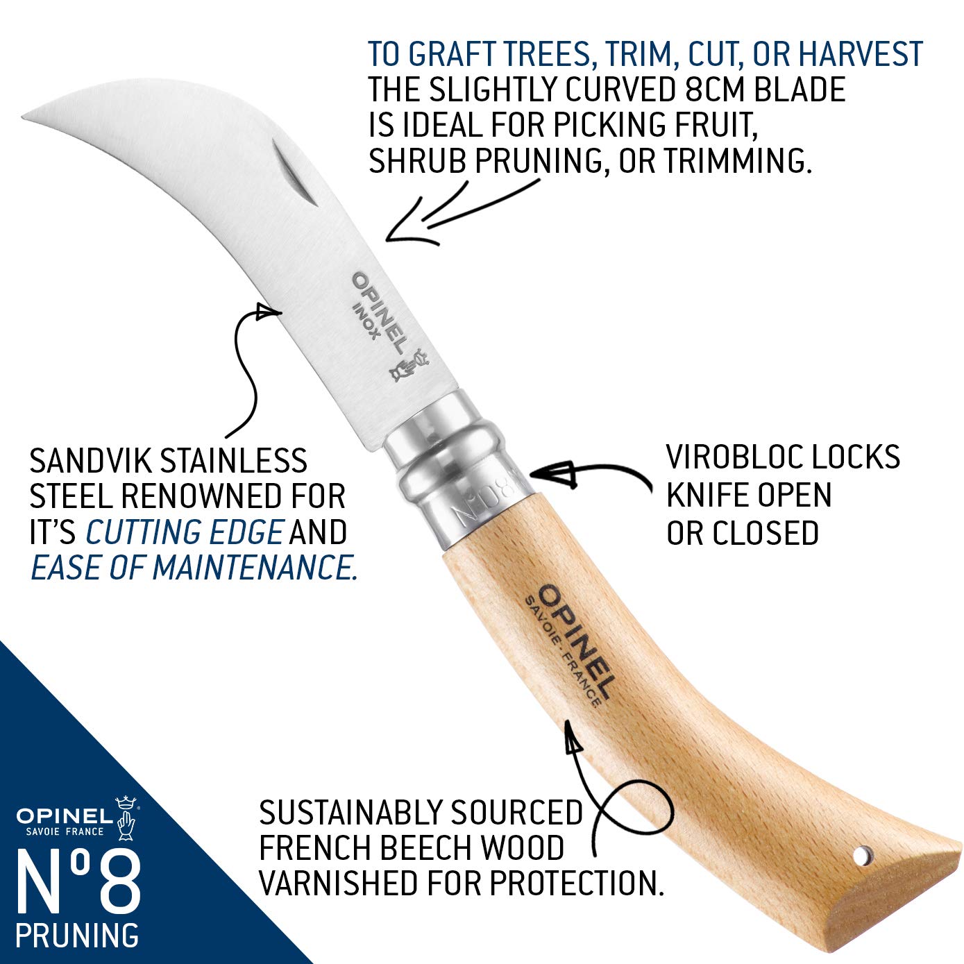 opinel-pruning-folding-knife-no-8-with-yatagan-curved-blade-and-virobloc-safety- image 2