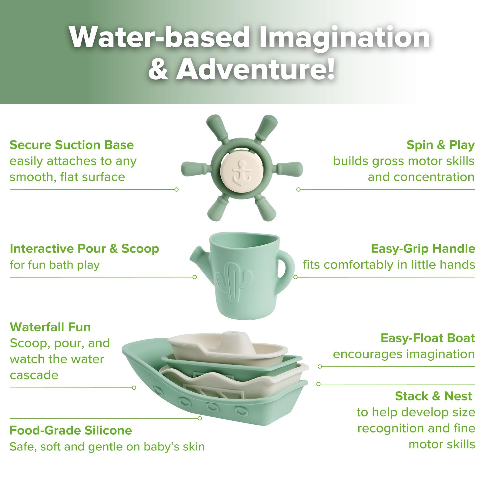 haakaa-nautical-silicone-baby-bath-toys-set-4-stackable-boats-rinse-cup-suction- image 4