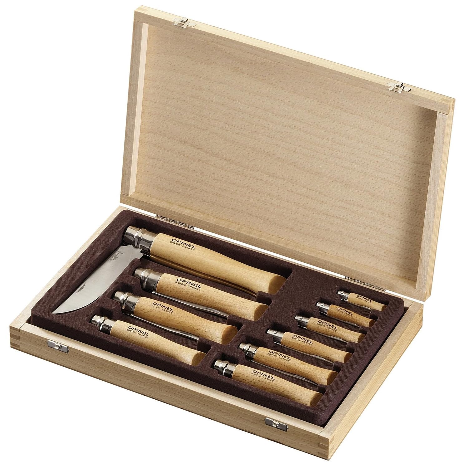 opinel-stainless-steel-folding-knife-box-set-10-knives-no-2-to-no-12-in-wooden-g image 1