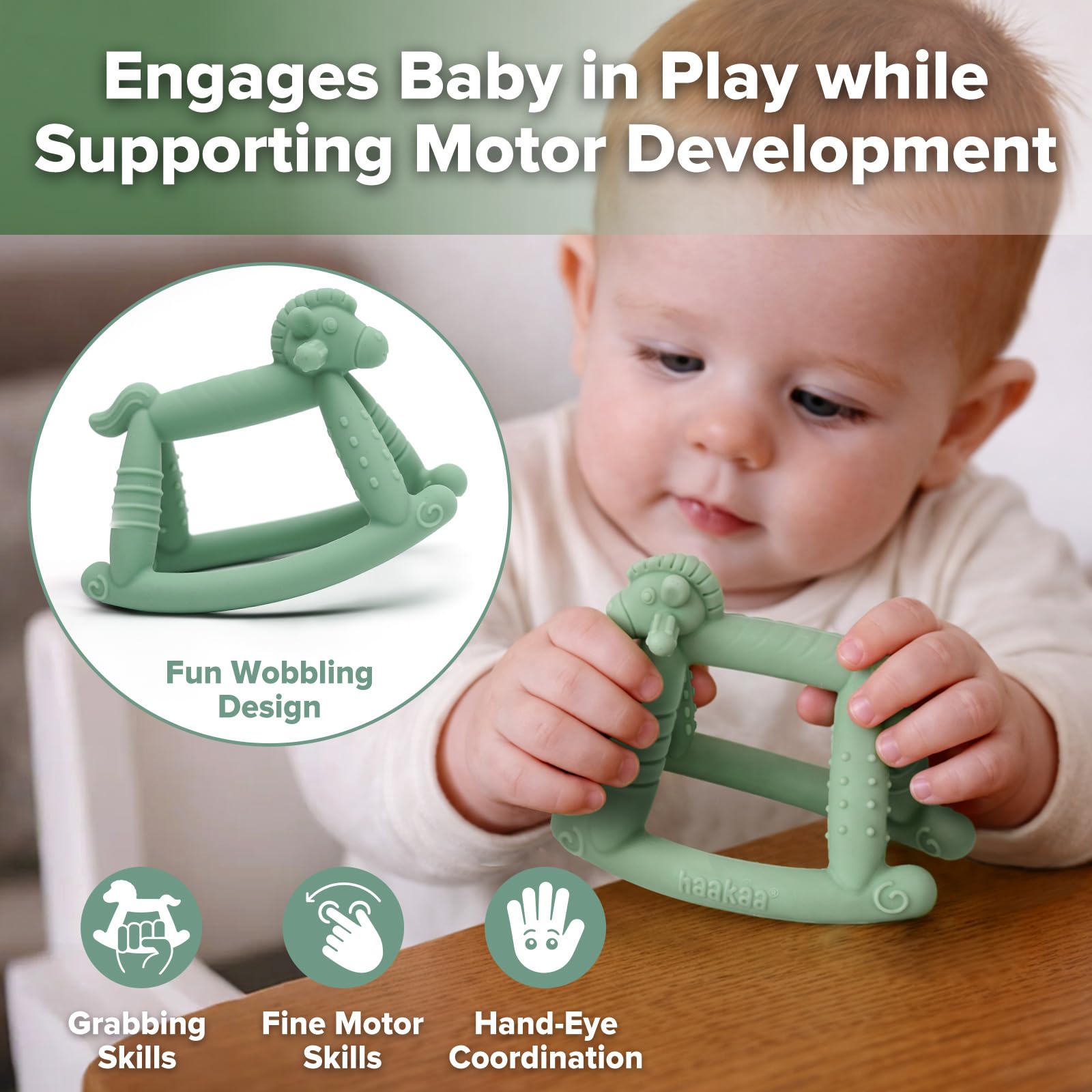haakaa-rosie-rocking-horse-baby-teether-toy-pea-green-food-grade-silicone image 7
