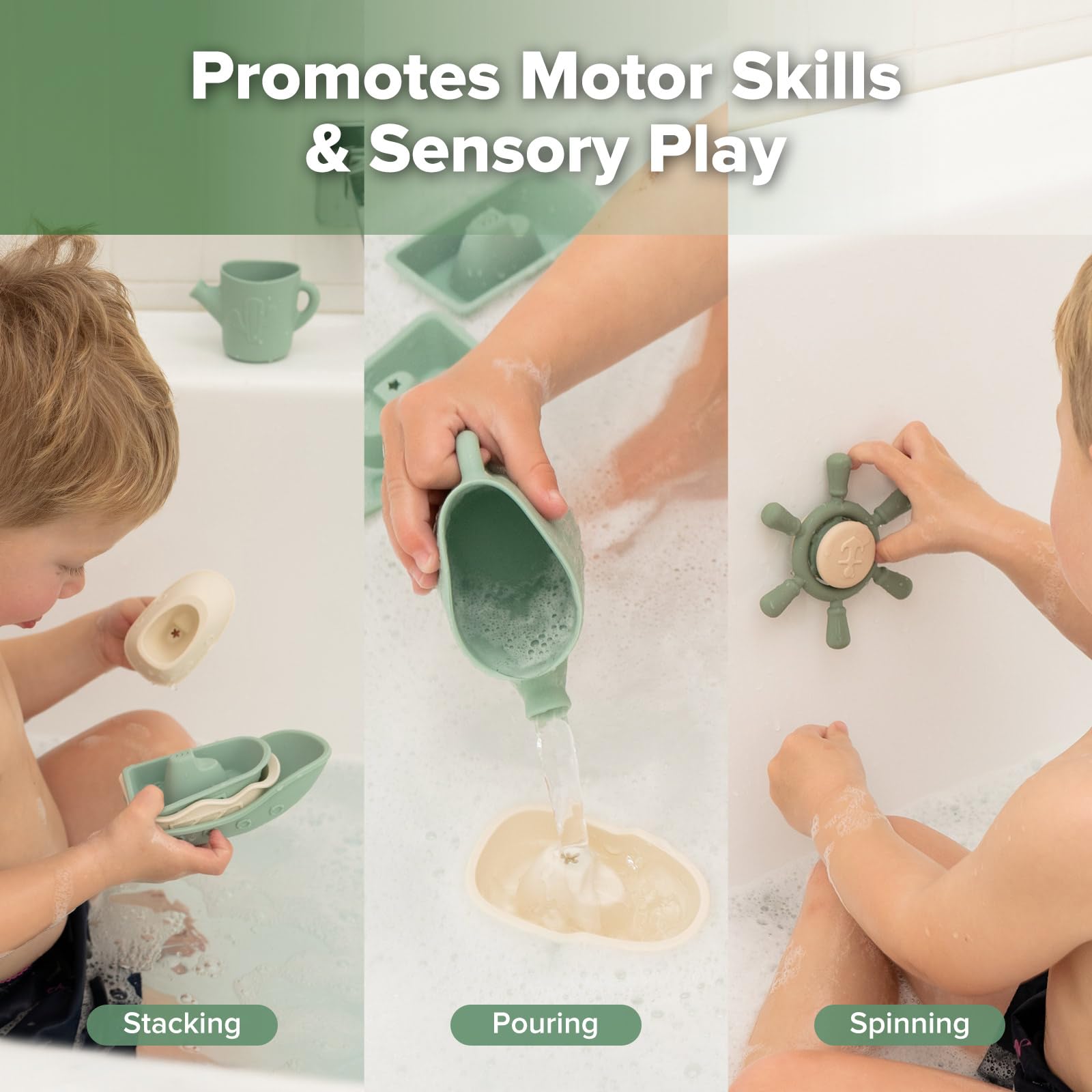 haakaa-nautical-silicone-baby-bath-toys-set-4-stackable-boats-rinse-cup-suction- image 5