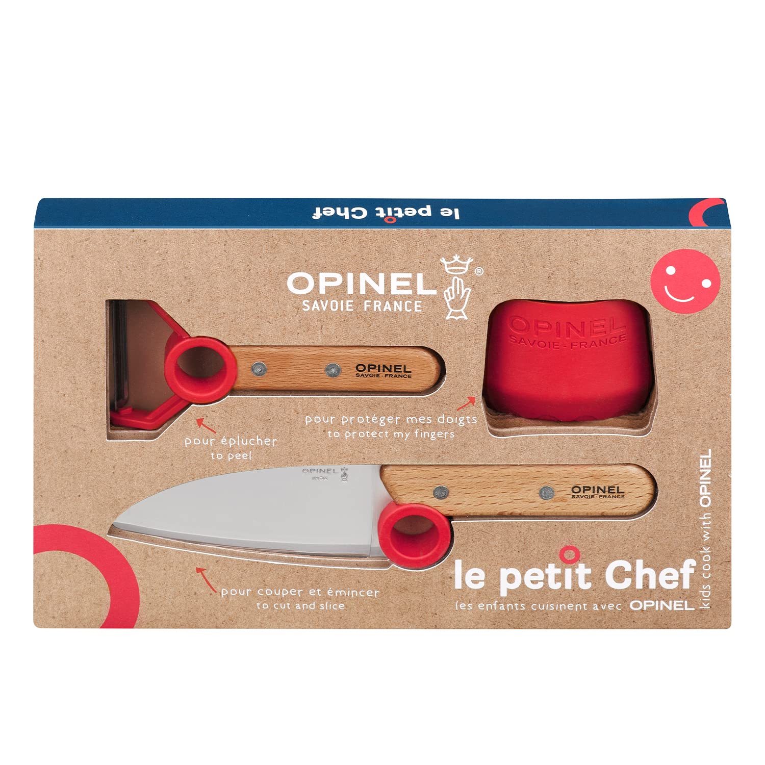 opinel-le-petit-chef-3-piece-kids-kitchen-set-chef-knife-finger-guard-peeler-mad image 1