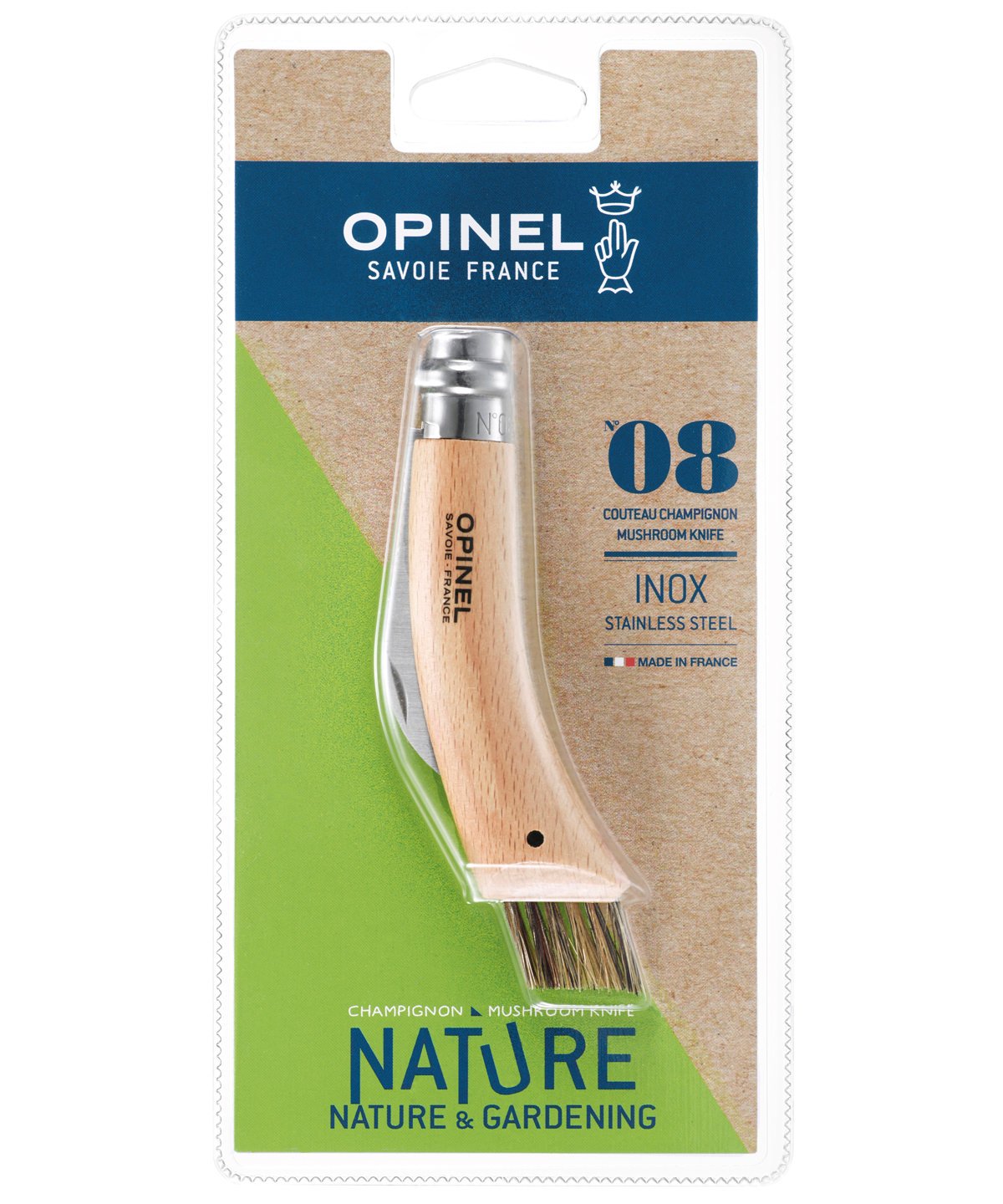 opinel-mushroom-knife-with-natural-beech-handle-and-wild-boar-bristle-brush image 2