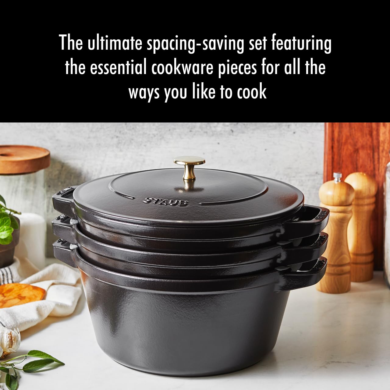 staub-cast-iron-stackable-cookware-set-4-pieces-with-universal-lid-made-in-franc image 2