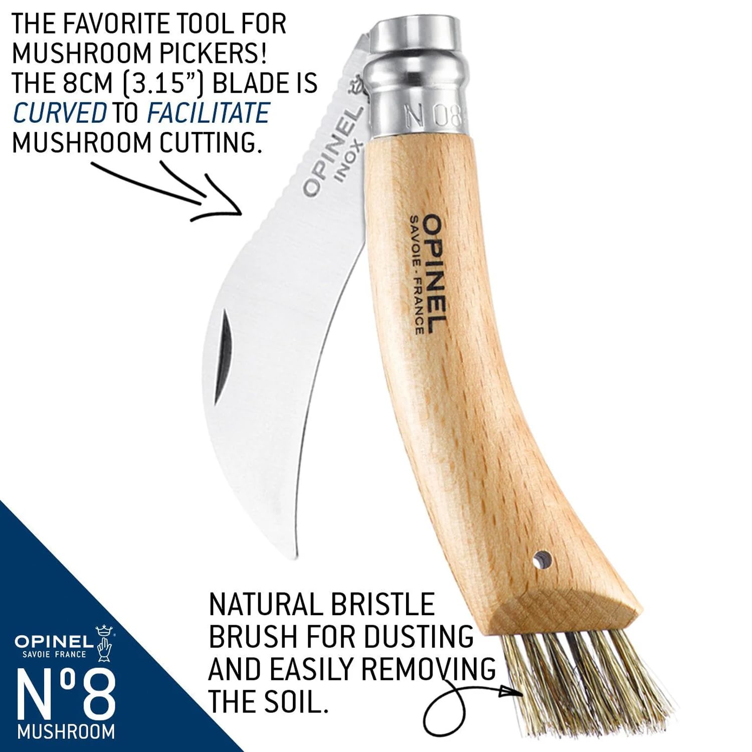 opinel-no-08-mushroom-knife-curved-sandvik-steel-blade-beechwood-handle-with-int image 2