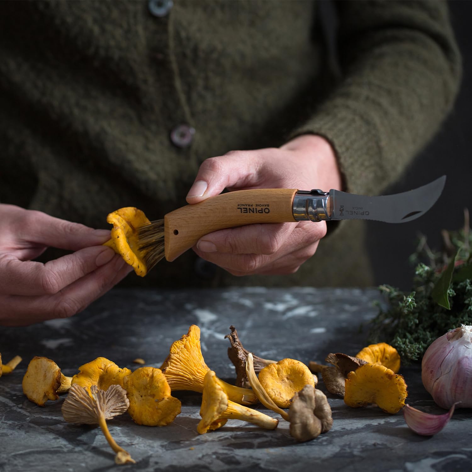 opinel-no-8-mushroom-folding-knife-with-brush-sheath-in-wooden-gift-box-foraging image 4