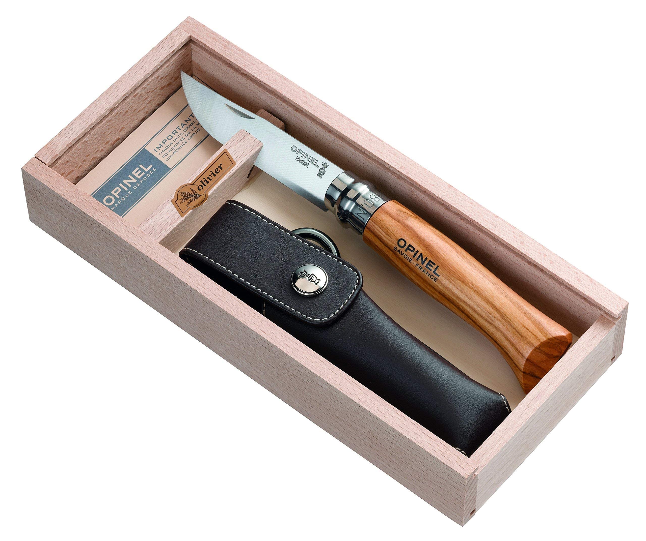 opinel-no-08-olivewood-folding-knife-set-with-leather-sheath-and-wooden-box image 4
