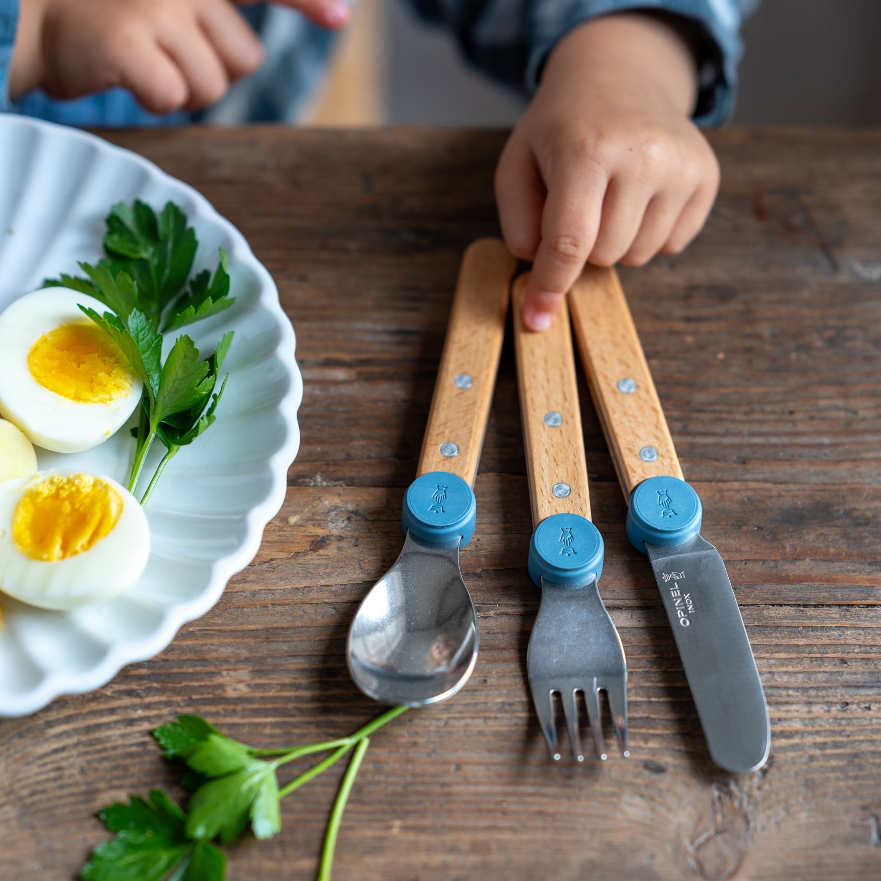 opinel-kids-cutlery-le-petit-gourmet-3-piece-set-knife-fork-spoon-with-beechwood image 1