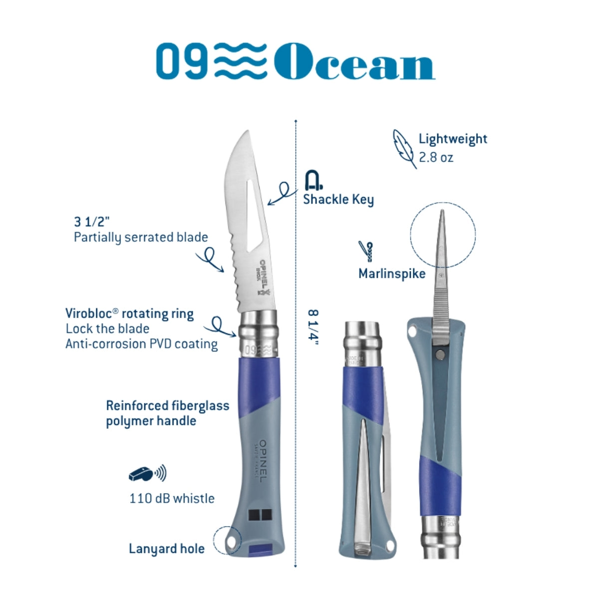 opinel-no-09-ocean-folding-knife-marine-grade-with-marlinspike-whistle image 2
