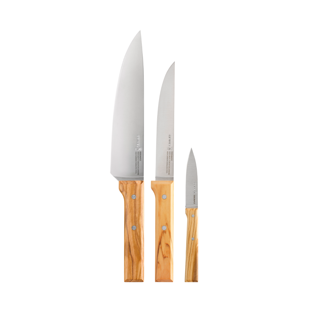 opinel-trio-chef-knife-set-olive-wood-parallele-3-piece image 2