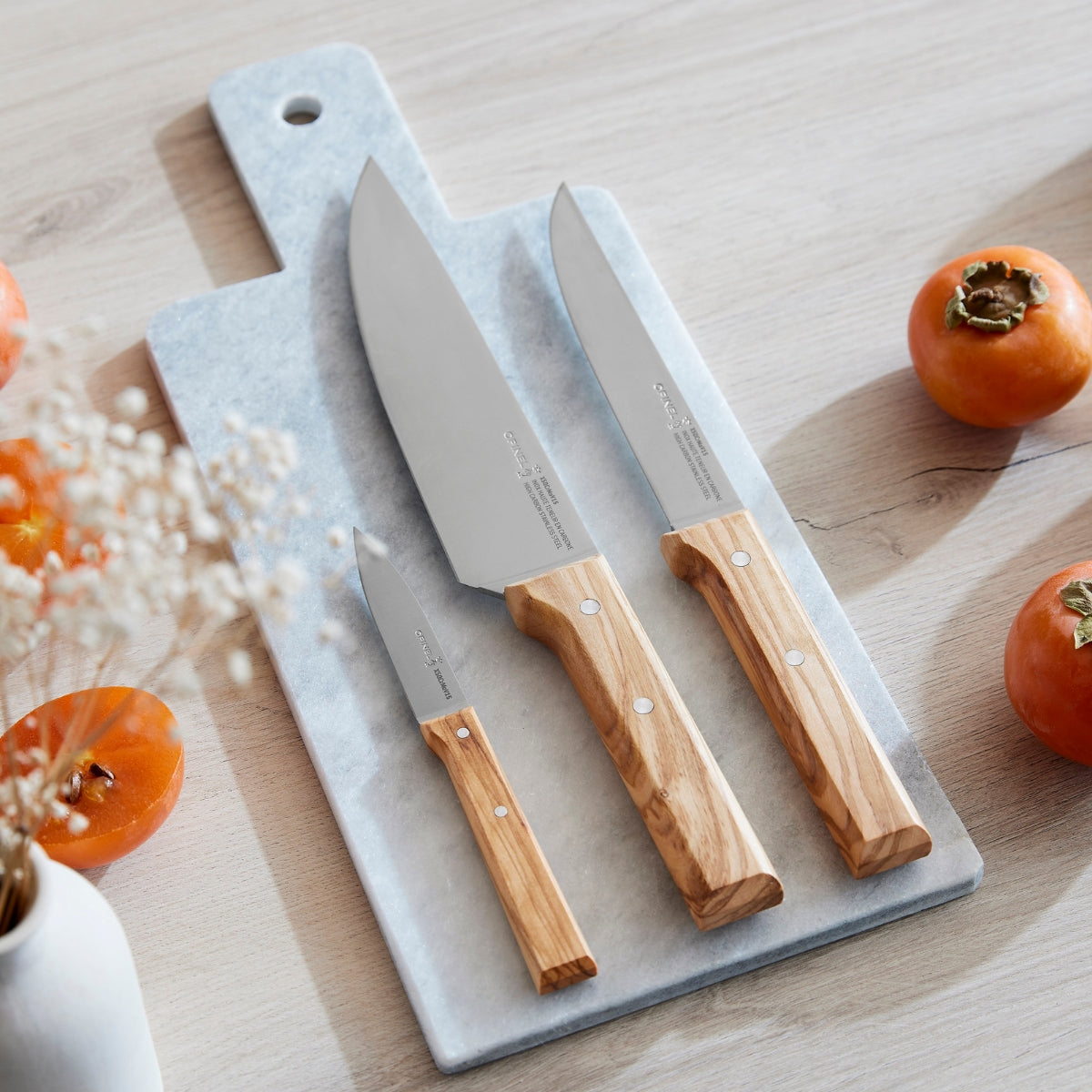 opinel-trio-chef-knife-set-olive-wood-parallele-3-piece image 3