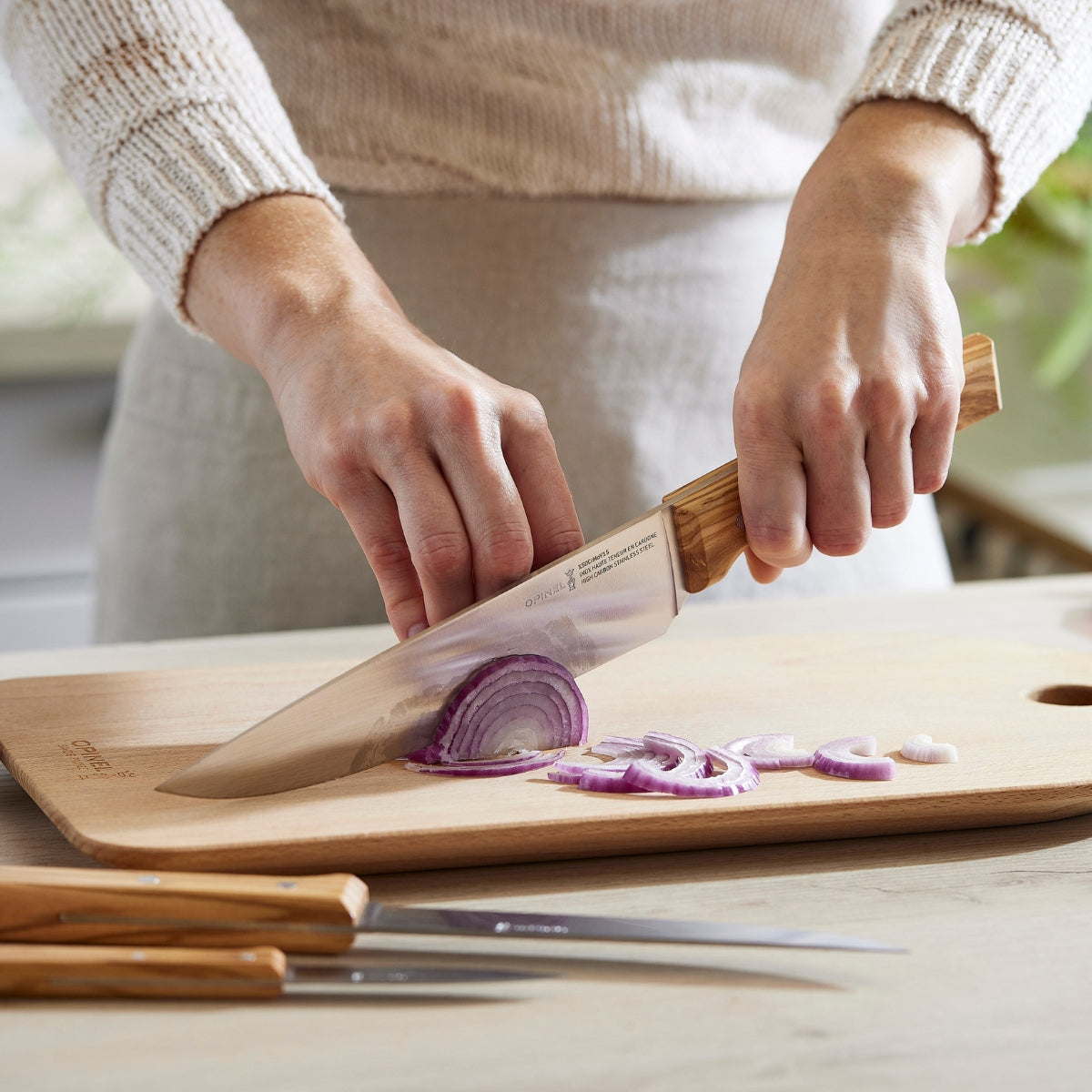opinel-trio-chef-knife-set-olive-wood-parallele-3-piece image 5