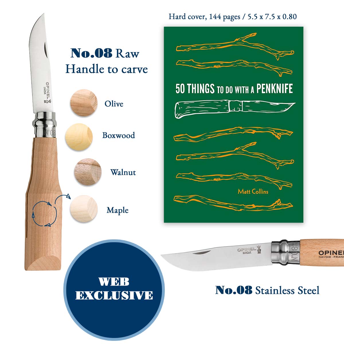 opinel-whittling-kit-no-08-stainless-steel-beechwood-knife-raw-ebauche-book-by-m image 1